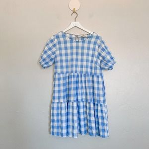 Umgee Blue Crinkle Plaid Print Tiered Dress Small